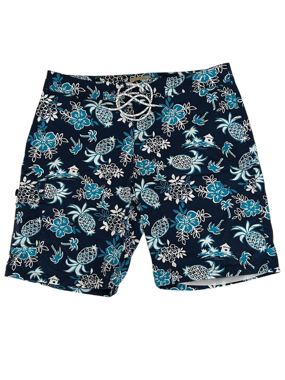 J CREW Original Swimwear Swim Trunks Mens Blue Pineapple Pocket Key Loop Mens 32